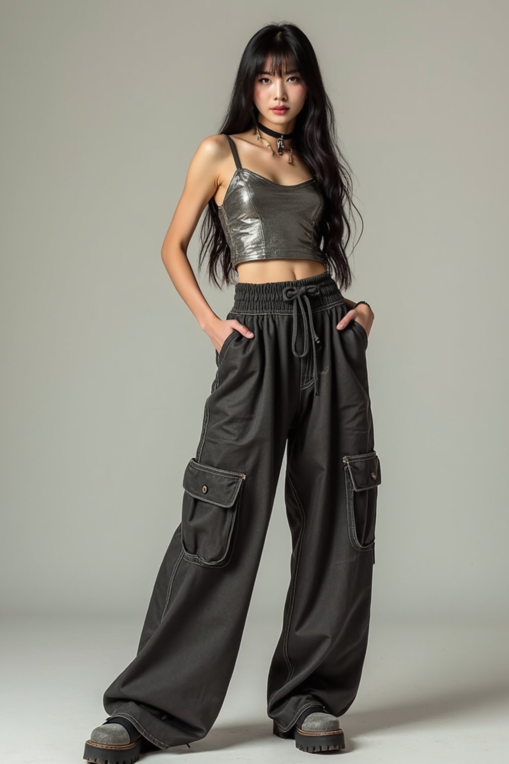 woman wearing Y2K aesthetic, 2000s fashion, aughts style, noughties style, grunge or 2000s style, oversized washed out style, baggy pants, low rise pants or cargo pants, crop top, Choker, Metallic, iridescent fabrics, posing for photo