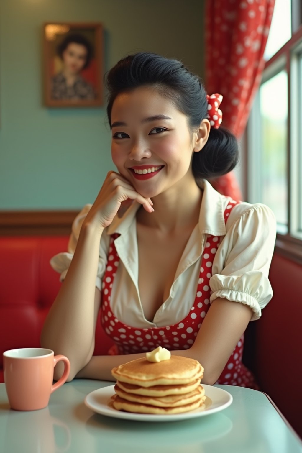 woman in retro 1950s diner photo shoot. stack of pancakes and one coffee mug in front.  woman wearing 1950s pin up dress and 1950s hair tie