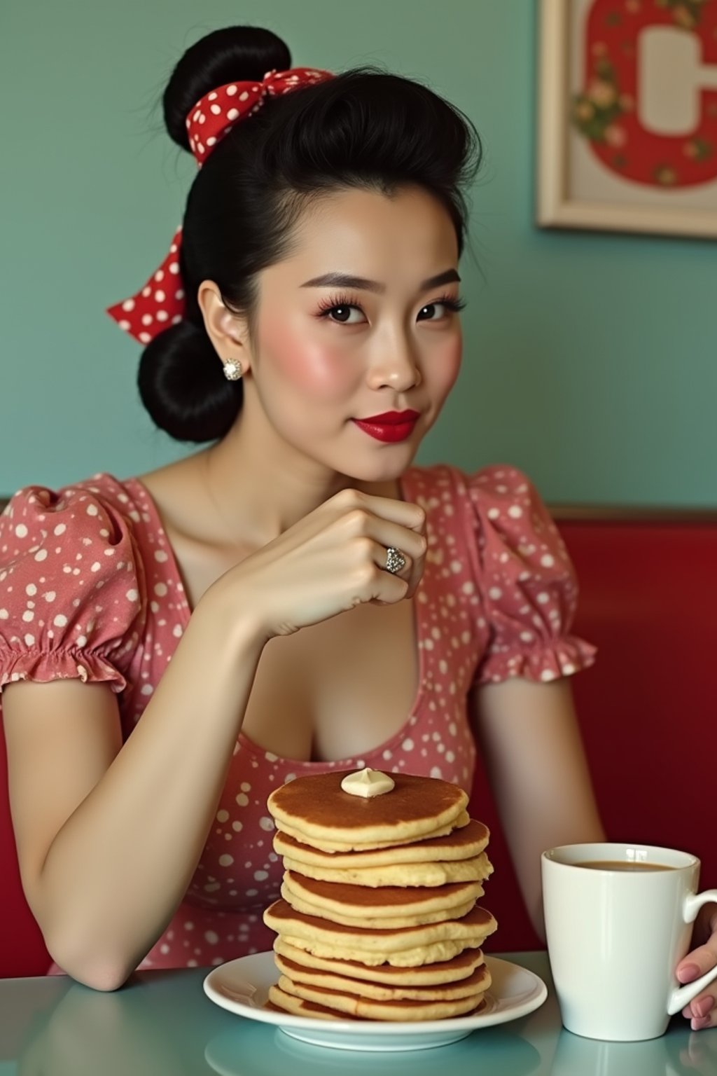 woman in retro 1950s diner photo shoot. stack of pancakes and one coffee mug in front.  woman wearing 1950s pin up dress and 1950s hair tie