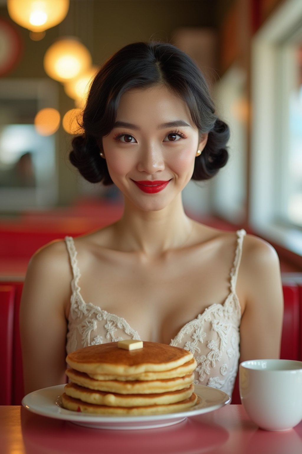 woman in retro 1950s diner photo shoot. stack of pancakes and one coffee mug in front.  woman wearing 1950s pin up dress and 1950s hair tie