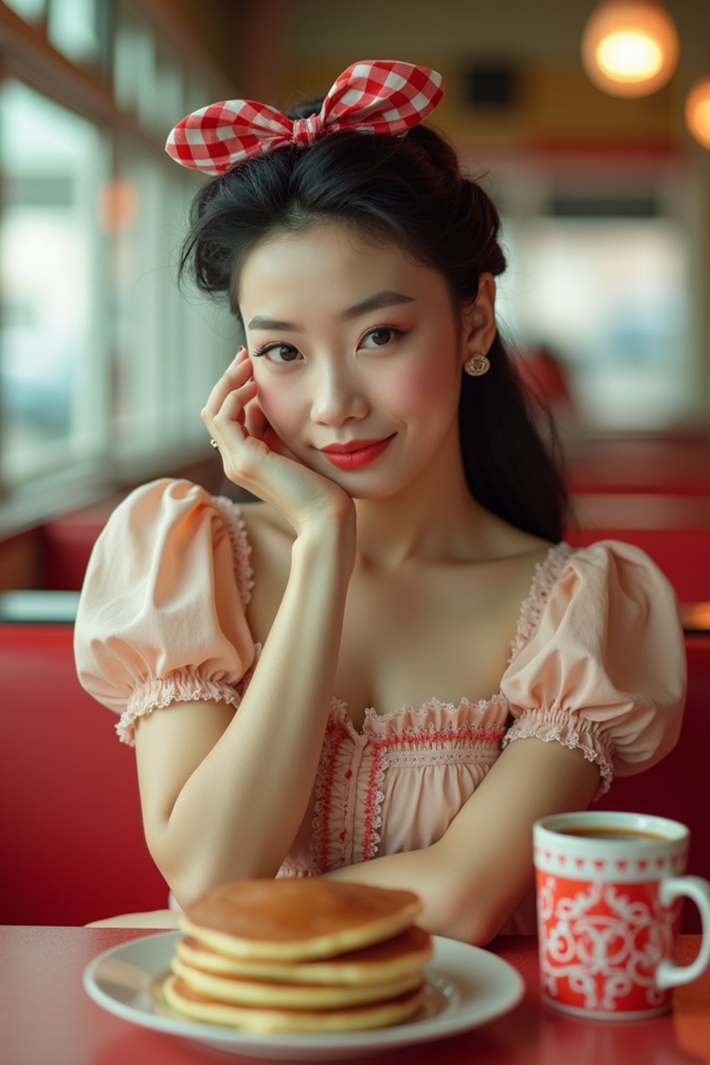 woman in retro 1950s diner photo shoot. stack of pancakes and one coffee mug in front.  woman wearing 1950s pin up dress and 1950s hair tie