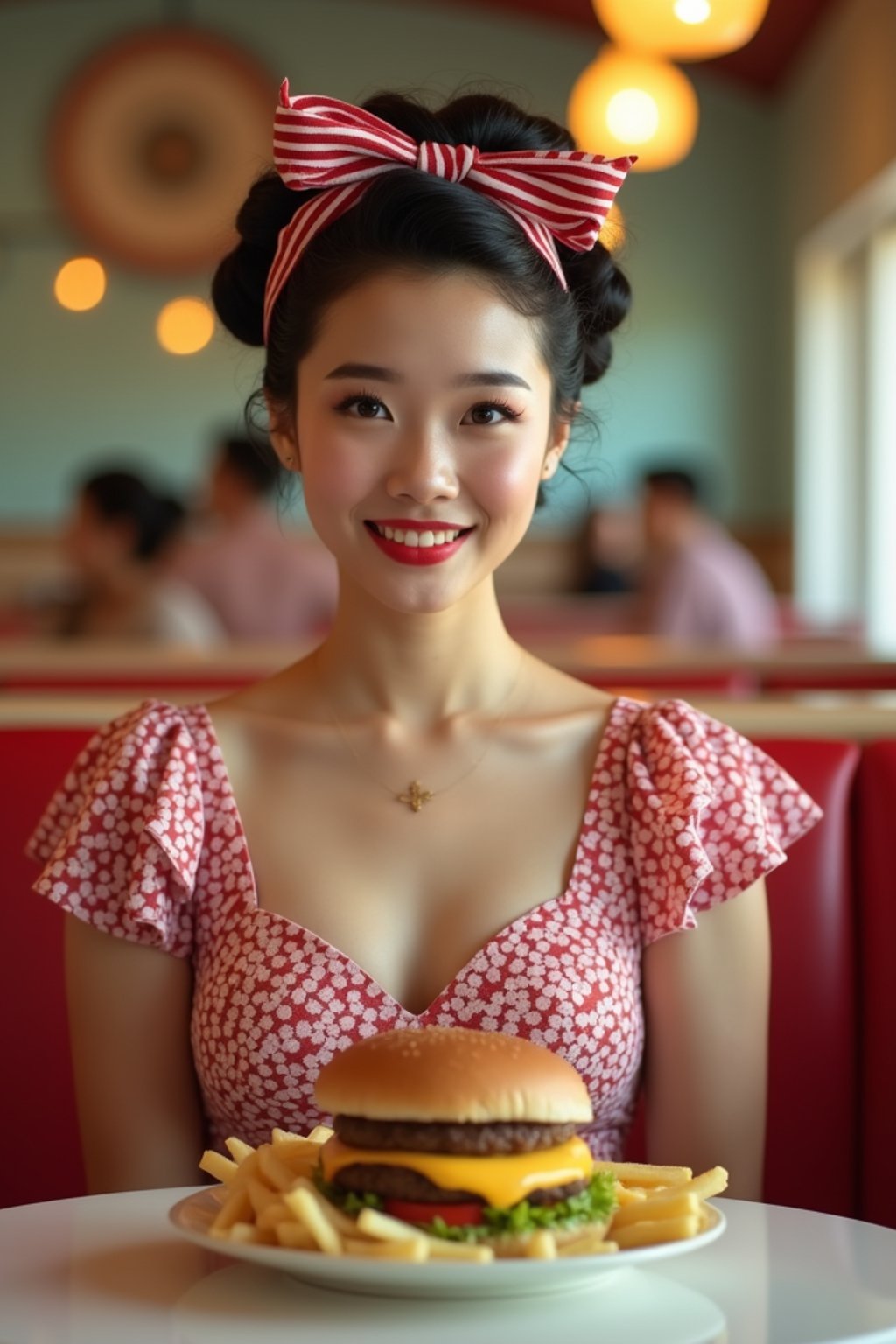 woman in retro 1950s diner photo shoot. french fries and one cheeseburger on a plate in front.  woman wearing 1950s pin up dress and 1950s hair tie