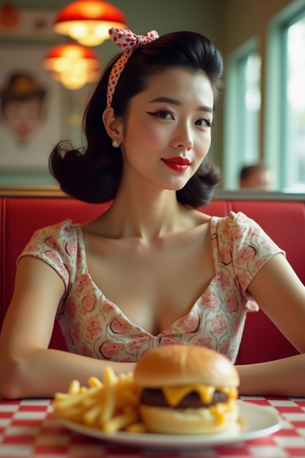 woman in retro 1950s diner photo shoot. french fries and one cheeseburger on a plate in front.  woman wearing 1950s pin up dress and 1950s hair tie