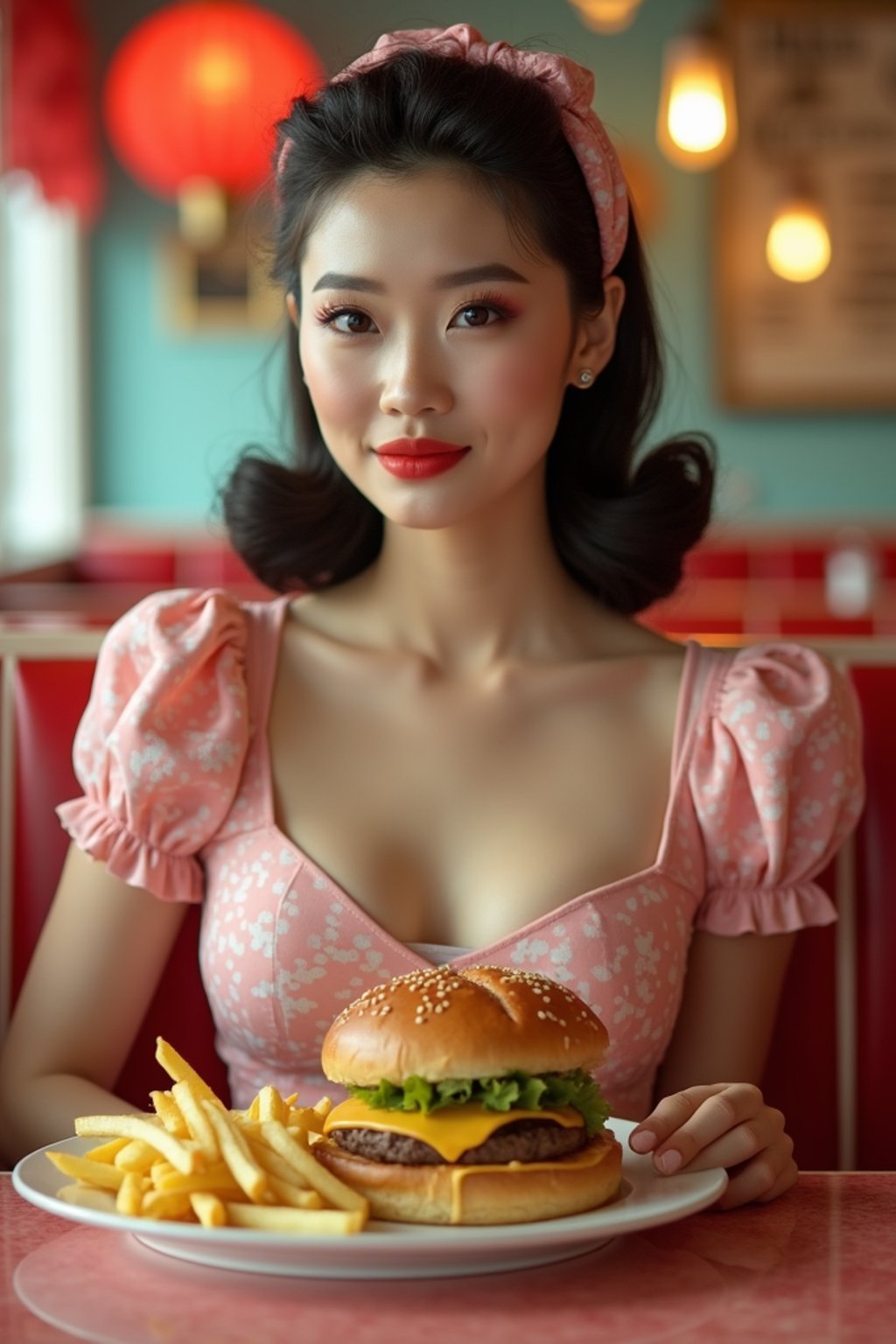 woman in retro 1950s diner photo shoot. french fries and one cheeseburger on a plate in front.  woman wearing 1950s pin up dress and 1950s hair tie