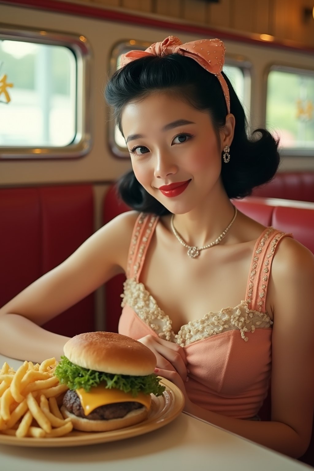 woman in retro 1950s diner photo shoot. french fries and one cheeseburger on a plate in front.  woman wearing 1950s pin up dress and 1950s hair tie