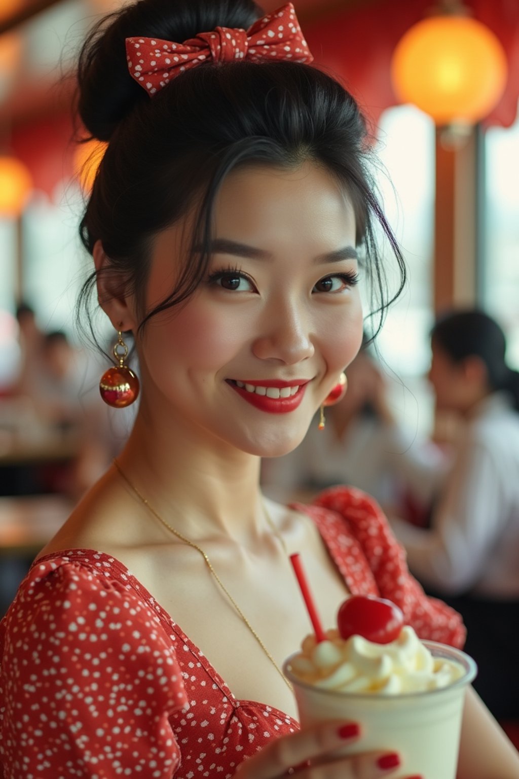 woman in retro 1950s diner photo shoot. one milkshake in front.  woman wearing 1950s pin up dress and 1950s hair tie