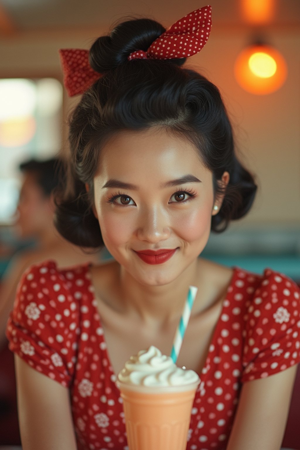 woman in retro 1950s diner photo shoot. one milkshake in front.  woman wearing 1950s pin up dress and 1950s hair tie