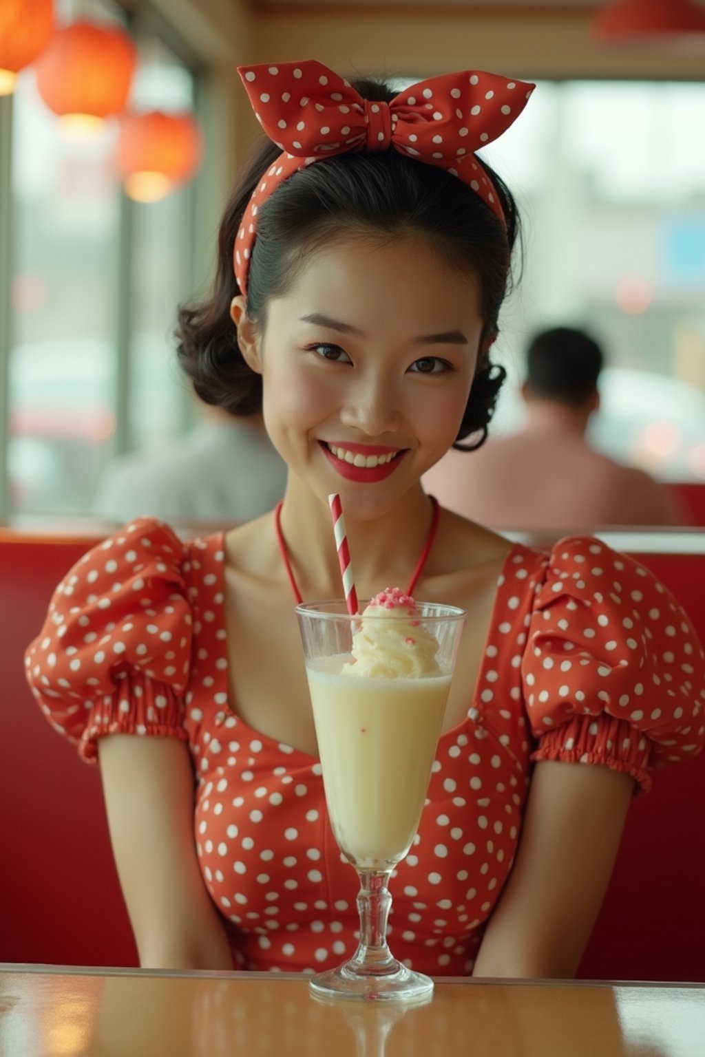 woman in retro 1950s diner photo shoot. one milkshake in front.  woman wearing 1950s pin up dress and 1950s hair tie