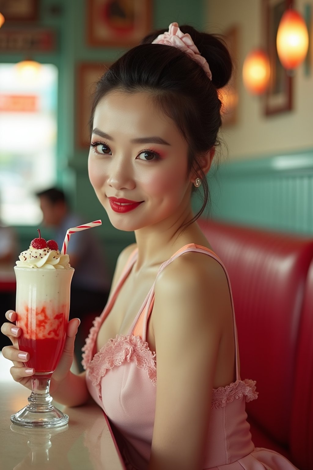 woman in retro 1950s diner photo shoot. one milkshake in front.  woman wearing 1950s pin up dress and 1950s hair tie