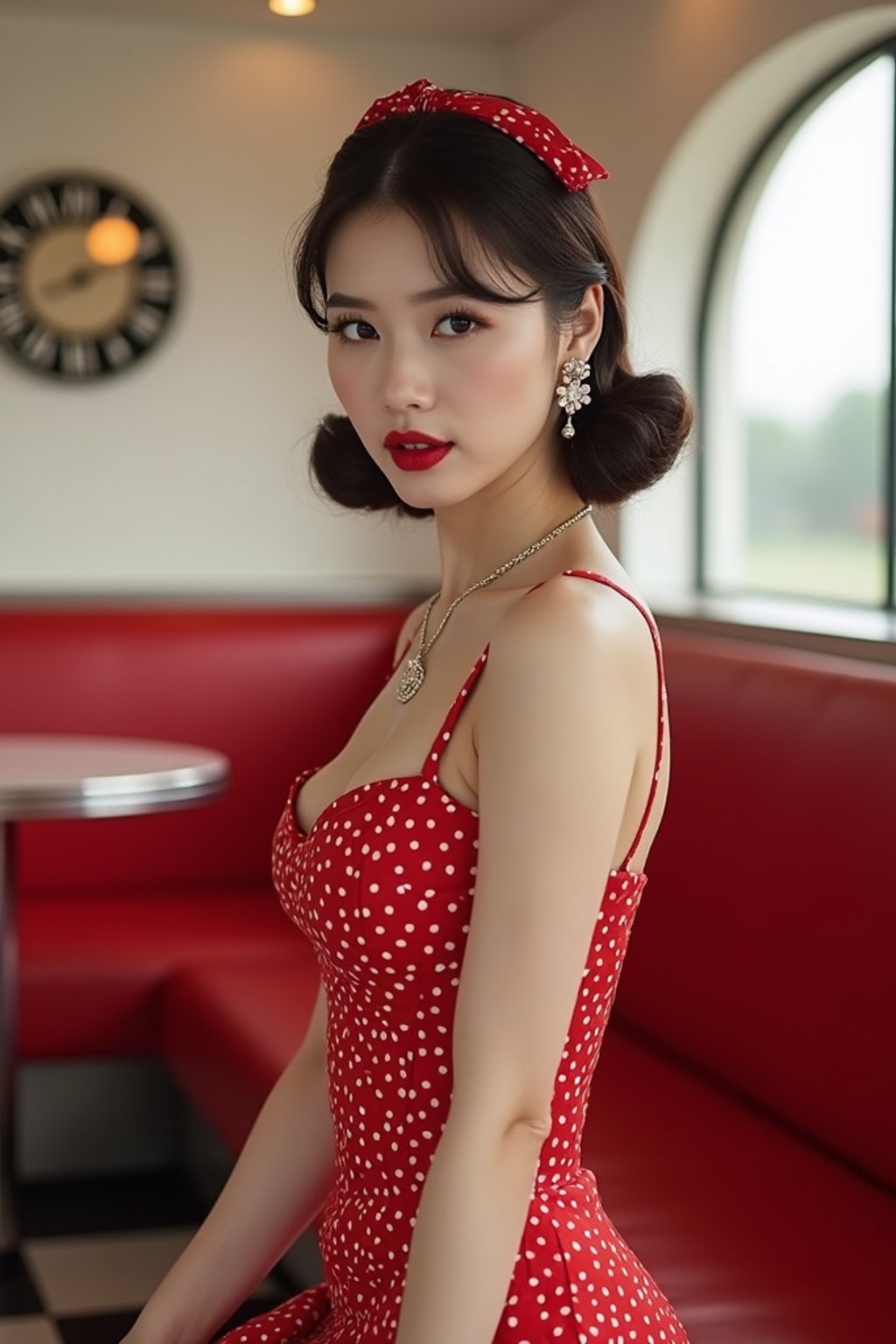 woman in retro 1950s diner photo shoot. posing in front of red 1950s barstools.  woman wearing 1950s pin up dress and 1950s red hair tie. white interior with red seats and black and white flooring.