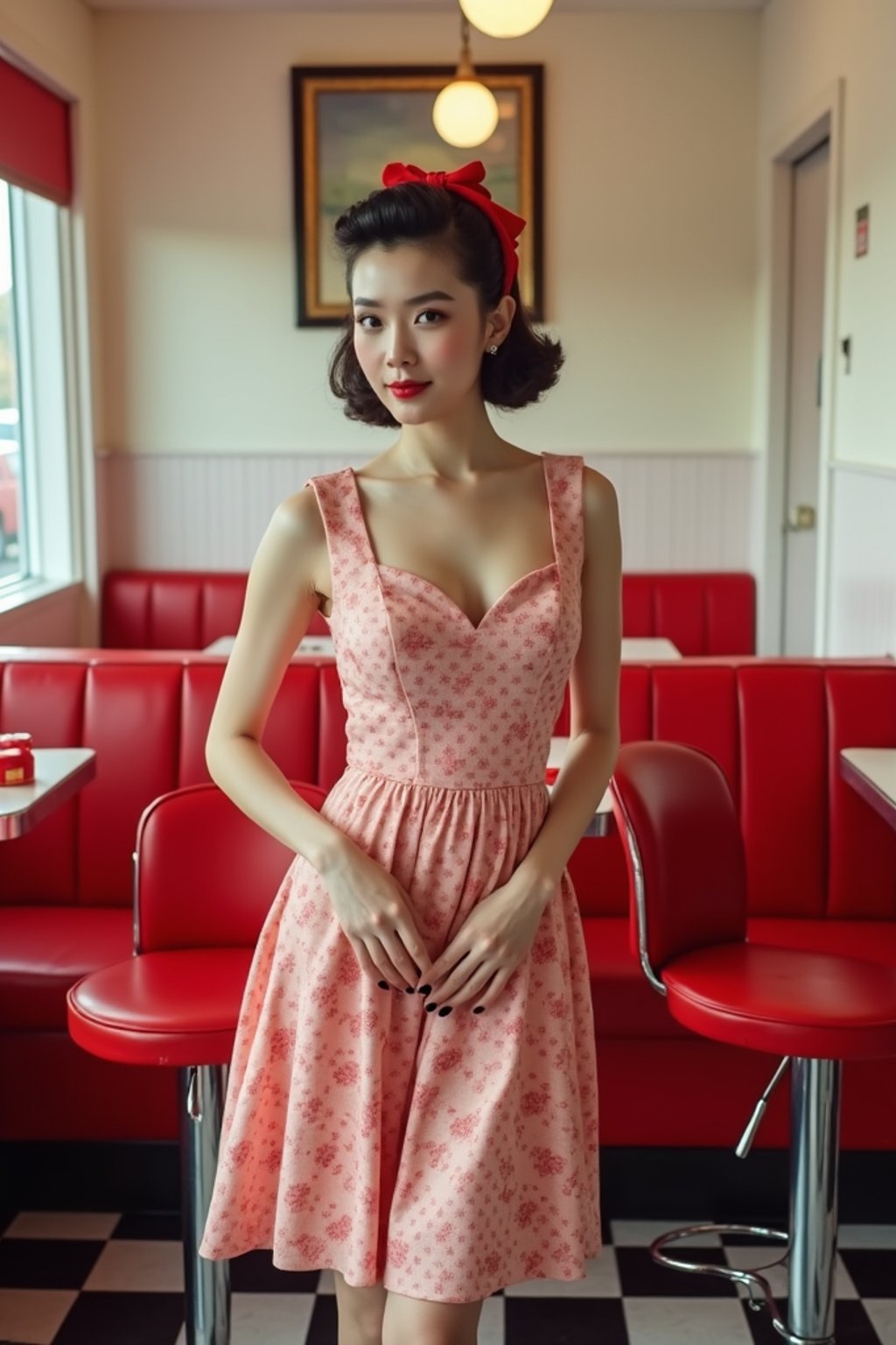 woman in retro 1950s diner photo shoot. posing in front of red 1950s barstools.  woman wearing 1950s pin up dress and 1950s red hair tie. white interior with red seats and black and white flooring.