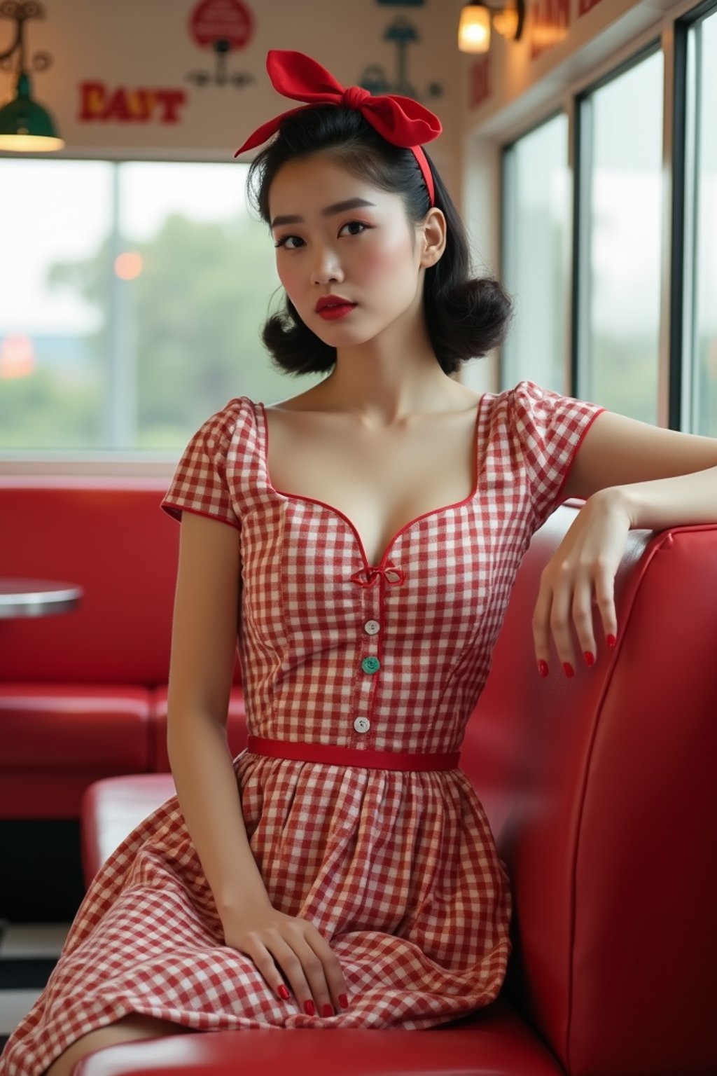 woman in retro 1950s diner photo shoot. posing in front of red 1950s barstools.  woman wearing 1950s pin up dress and 1950s red hair tie. white interior with red seats and black and white flooring.