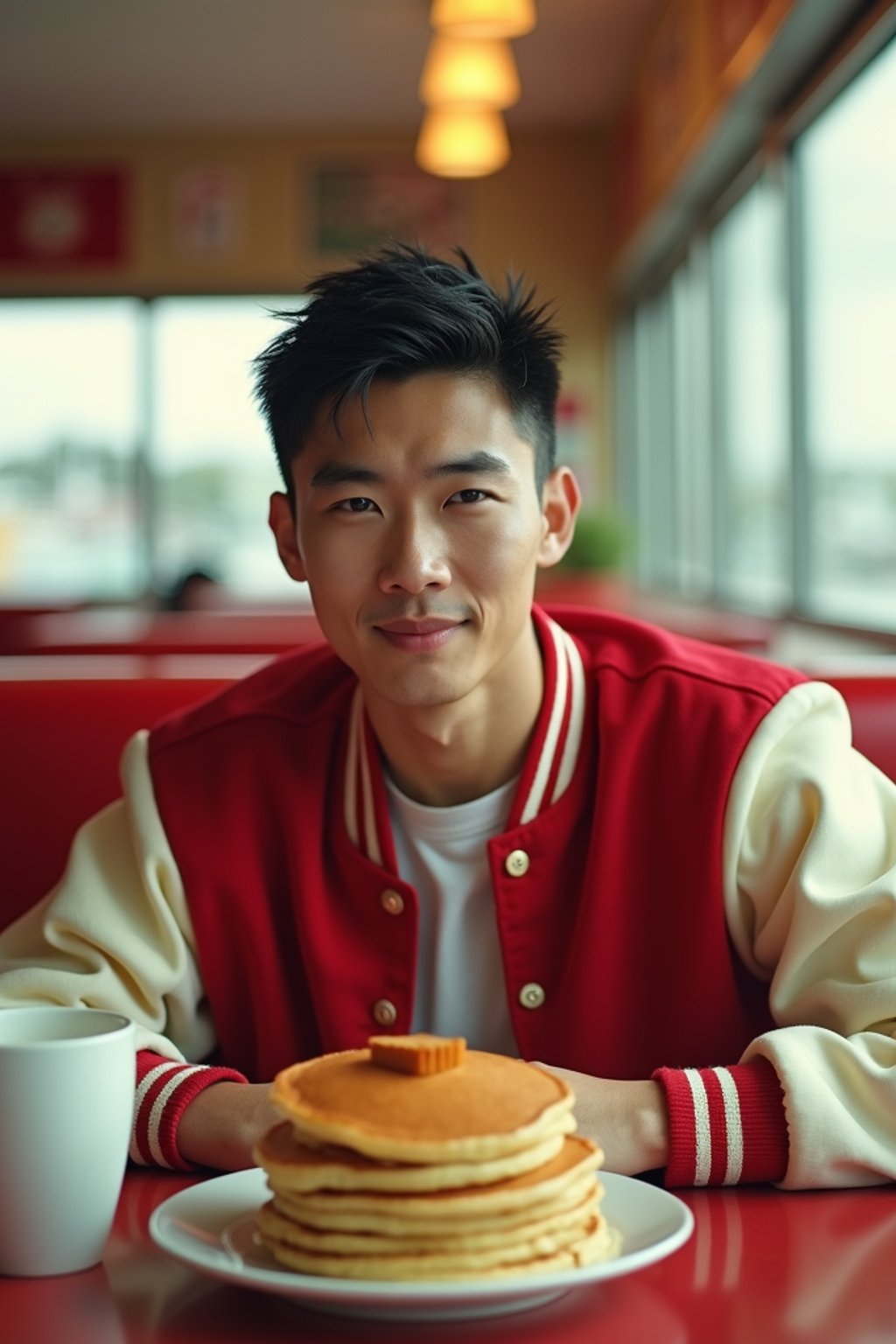 man in retro 1950s diner photo shoot. stack of pancakes and one coffee mug in front. man wearing varsity bomber