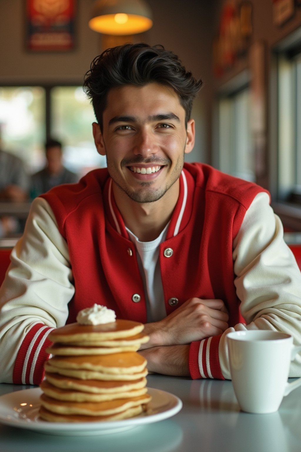 man in retro 1950s diner photo shoot. stack of pancakes and one coffee mug in front. man wearing varsity bomber