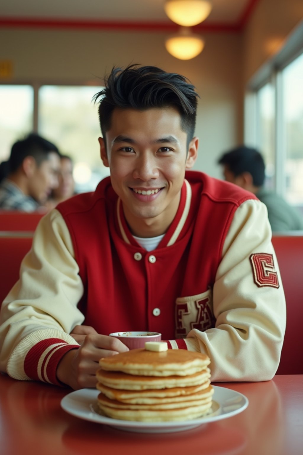 man in retro 1950s diner photo shoot. stack of pancakes and one coffee mug in front. man wearing varsity bomber