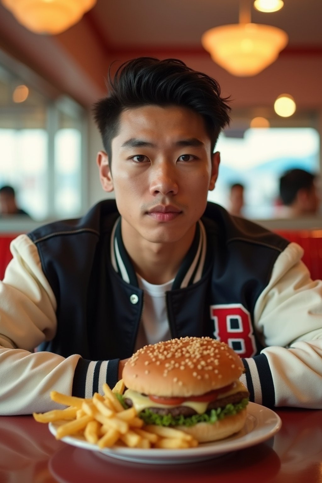 man in retro 1950s diner photo shoot. french fries and one cheeseburger on a plate in front. man wearing varsity bomber