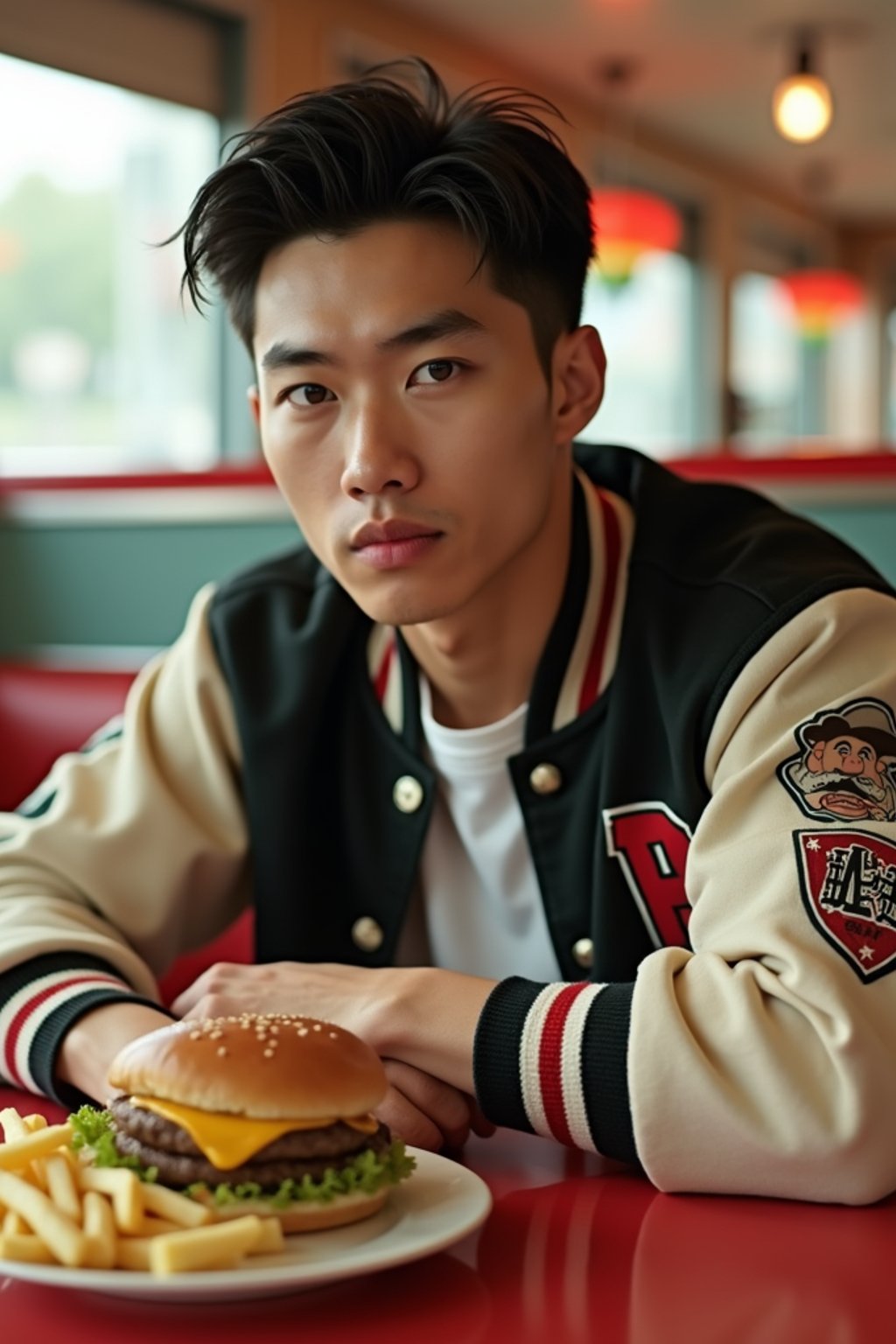 man in retro 1950s diner photo shoot. french fries and one cheeseburger on a plate in front. man wearing varsity bomber