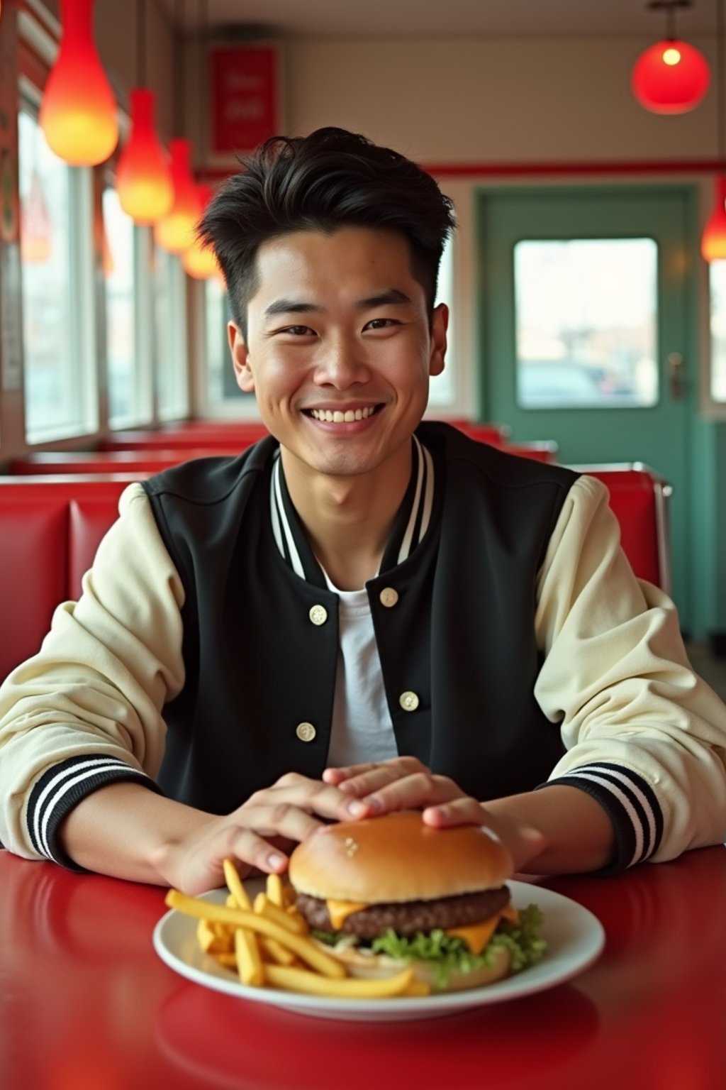 man in retro 1950s diner photo shoot. french fries and one cheeseburger on a plate in front. man wearing varsity bomber