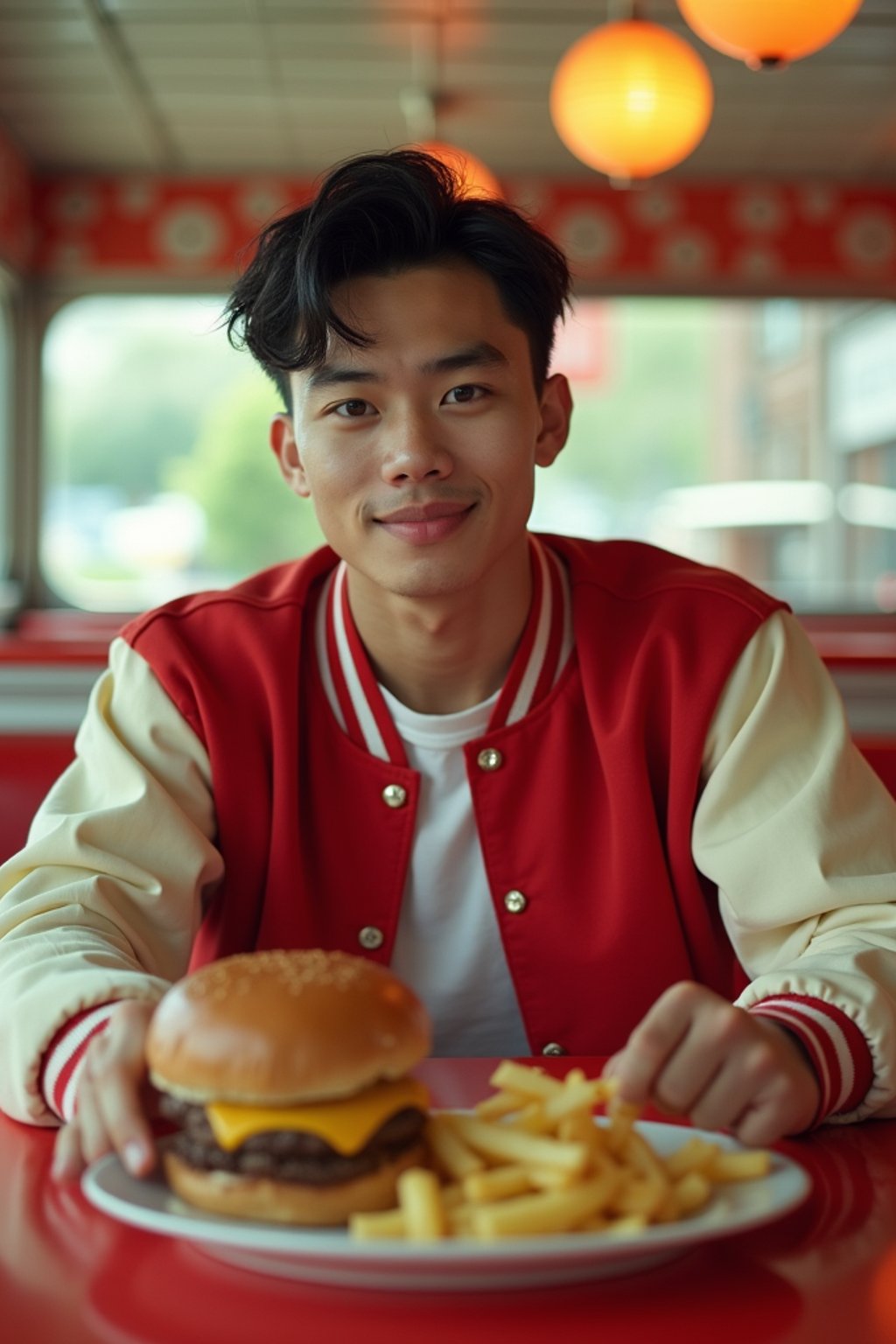 man in retro 1950s diner photo shoot. french fries and one cheeseburger on a plate in front. man wearing varsity bomber