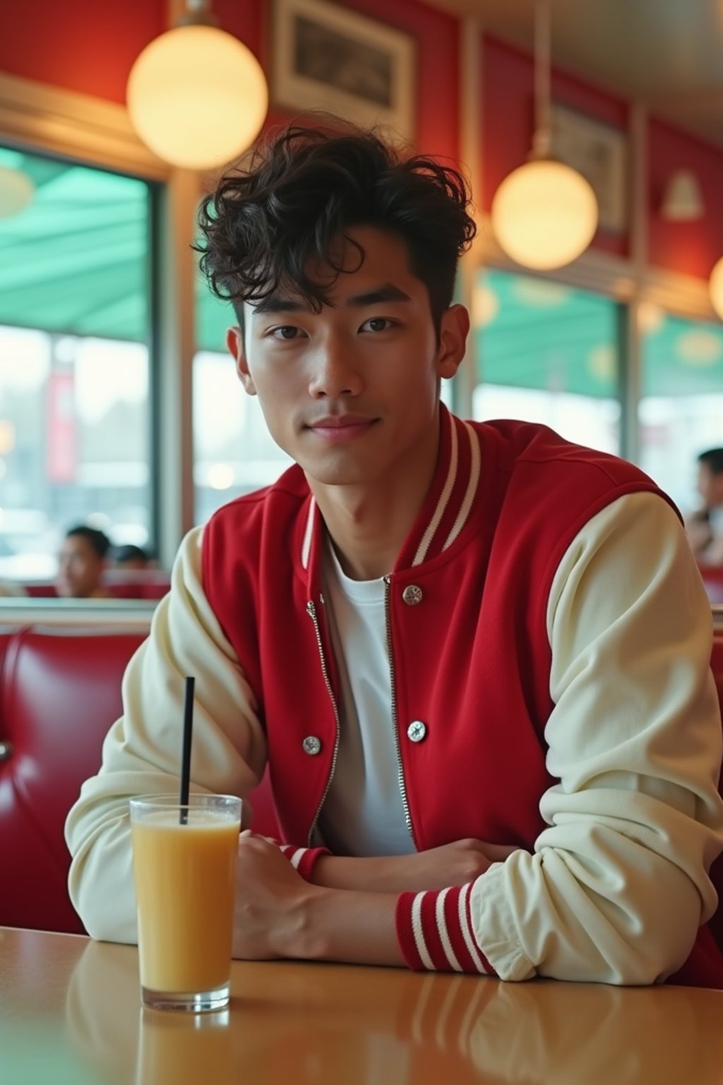 man in retro 1950s diner photo shoot. one milkshake in front. man wearing varsity bomber