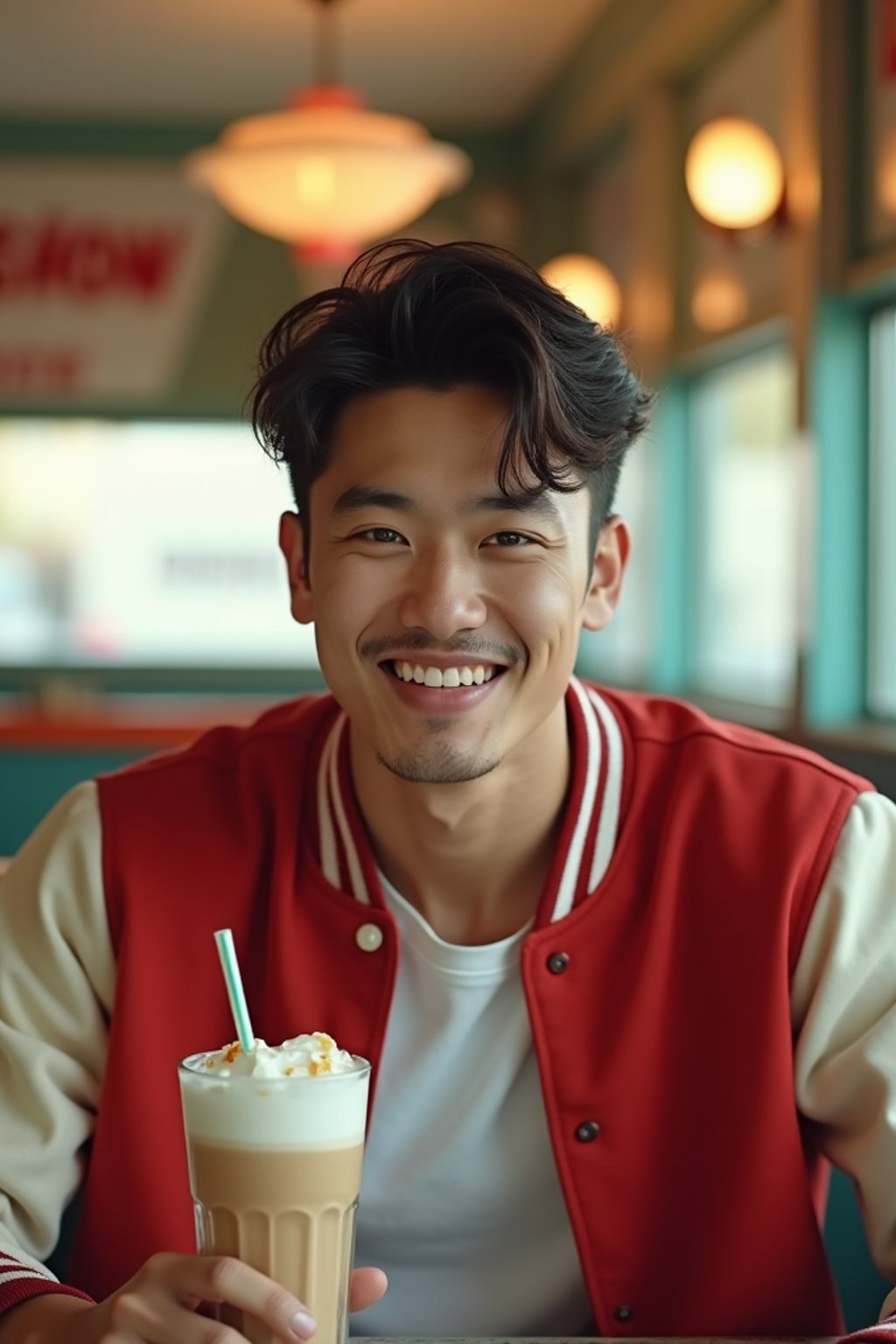 man in retro 1950s diner photo shoot. one milkshake in front. man wearing varsity bomber