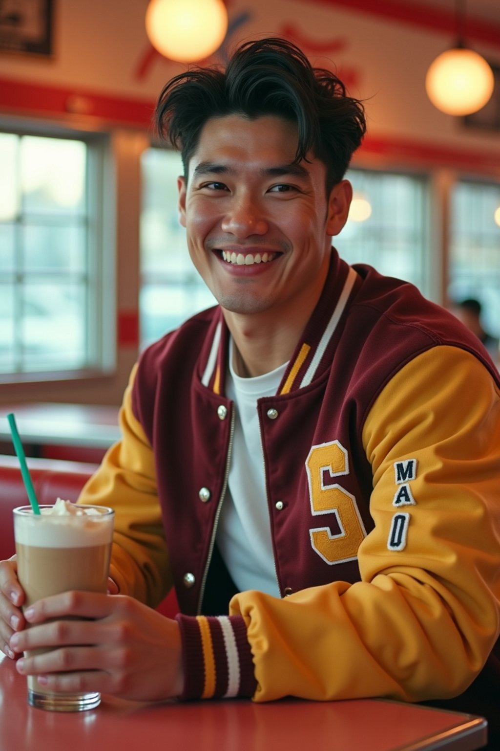 man in retro 1950s diner photo shoot. one milkshake in front. man wearing varsity bomber