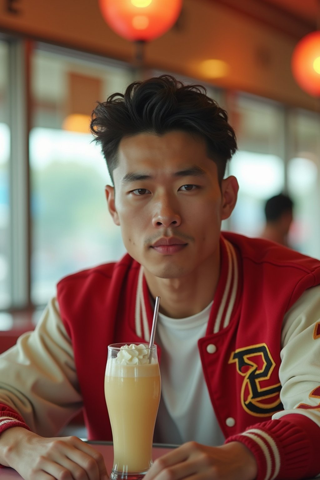 man in retro 1950s diner photo shoot. one milkshake in front. man wearing varsity bomber