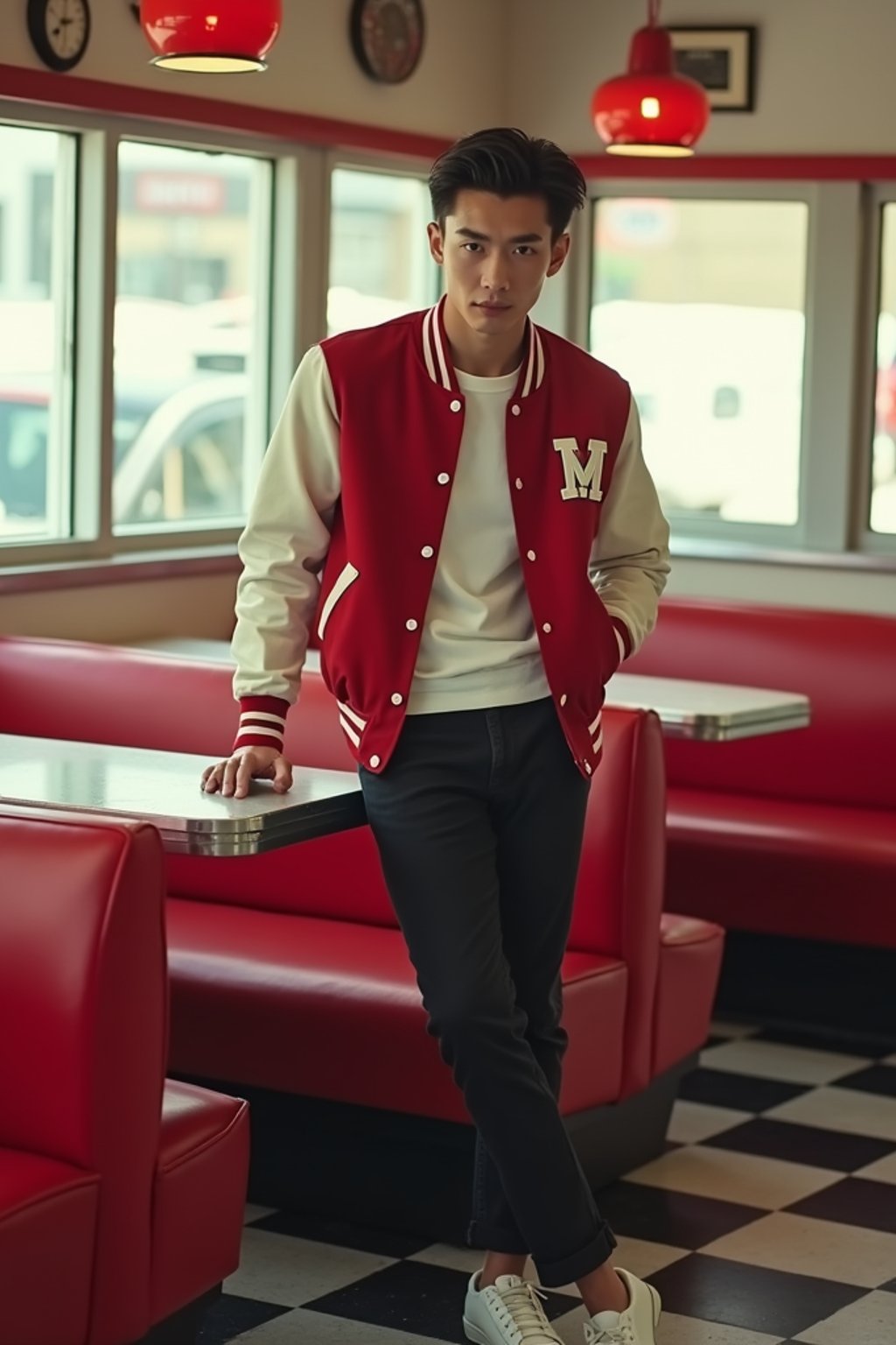 man in retro 1950s diner photo shoot. posing in front of red 1950s barstools. man wearing varsity bomber . white interior with red seats and black and white flooring.