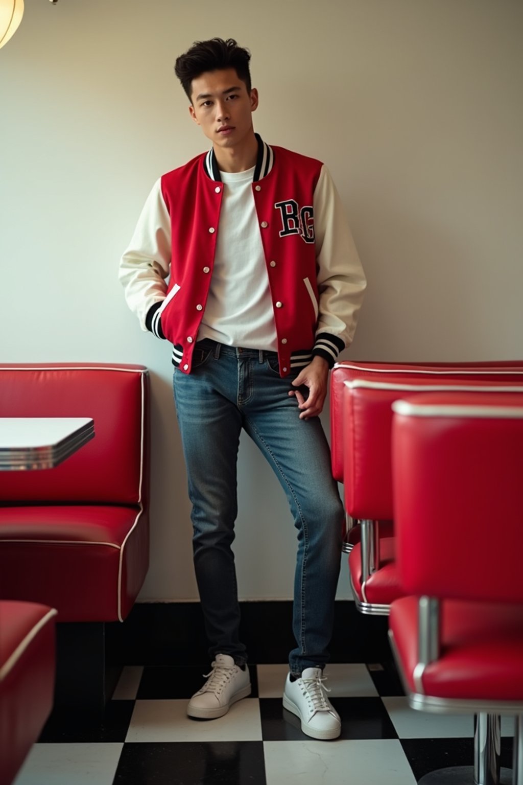 man in retro 1950s diner photo shoot. posing in front of red 1950s barstools. man wearing varsity bomber . white interior with red seats and black and white flooring.