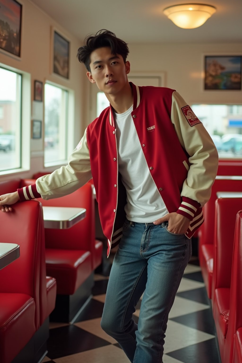 man in retro 1950s diner photo shoot. posing in front of red 1950s barstools. man wearing varsity bomber . white interior with red seats and black and white flooring.