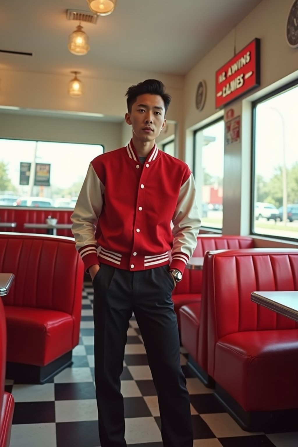 man in retro 1950s diner photo shoot. posing in front of red 1950s barstools. man wearing varsity bomber . white interior with red seats and black and white flooring.