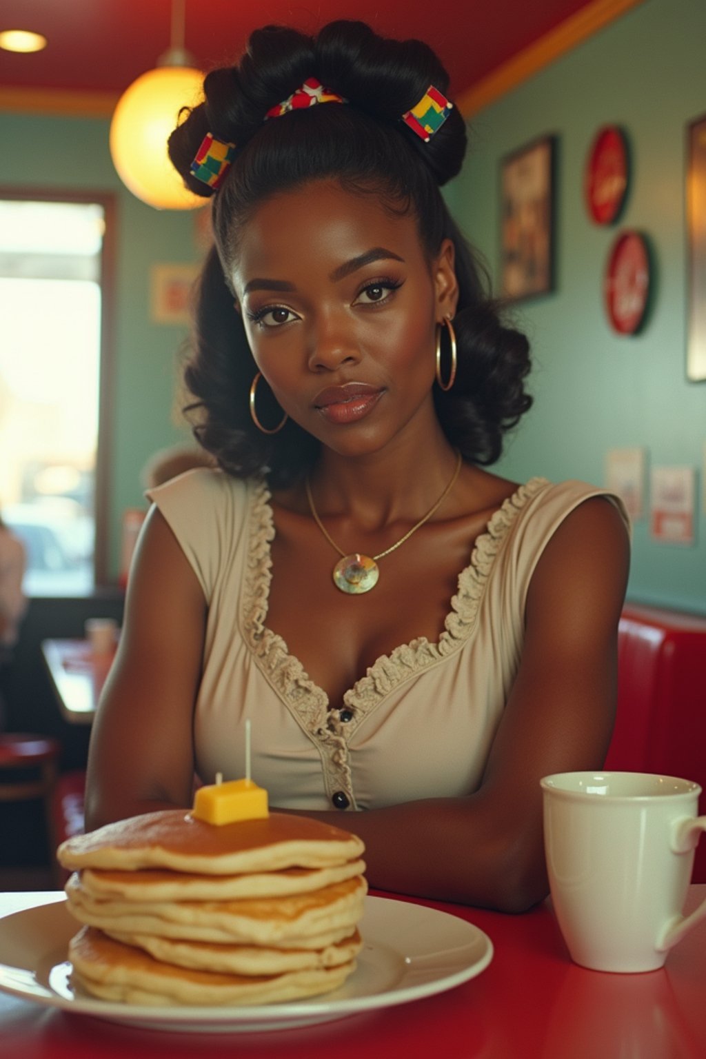 woman in retro 1950s diner photo shoot. stack of pancakes and one coffee mug in front.  woman wearing 1950s pin up dress and 1950s hair tie