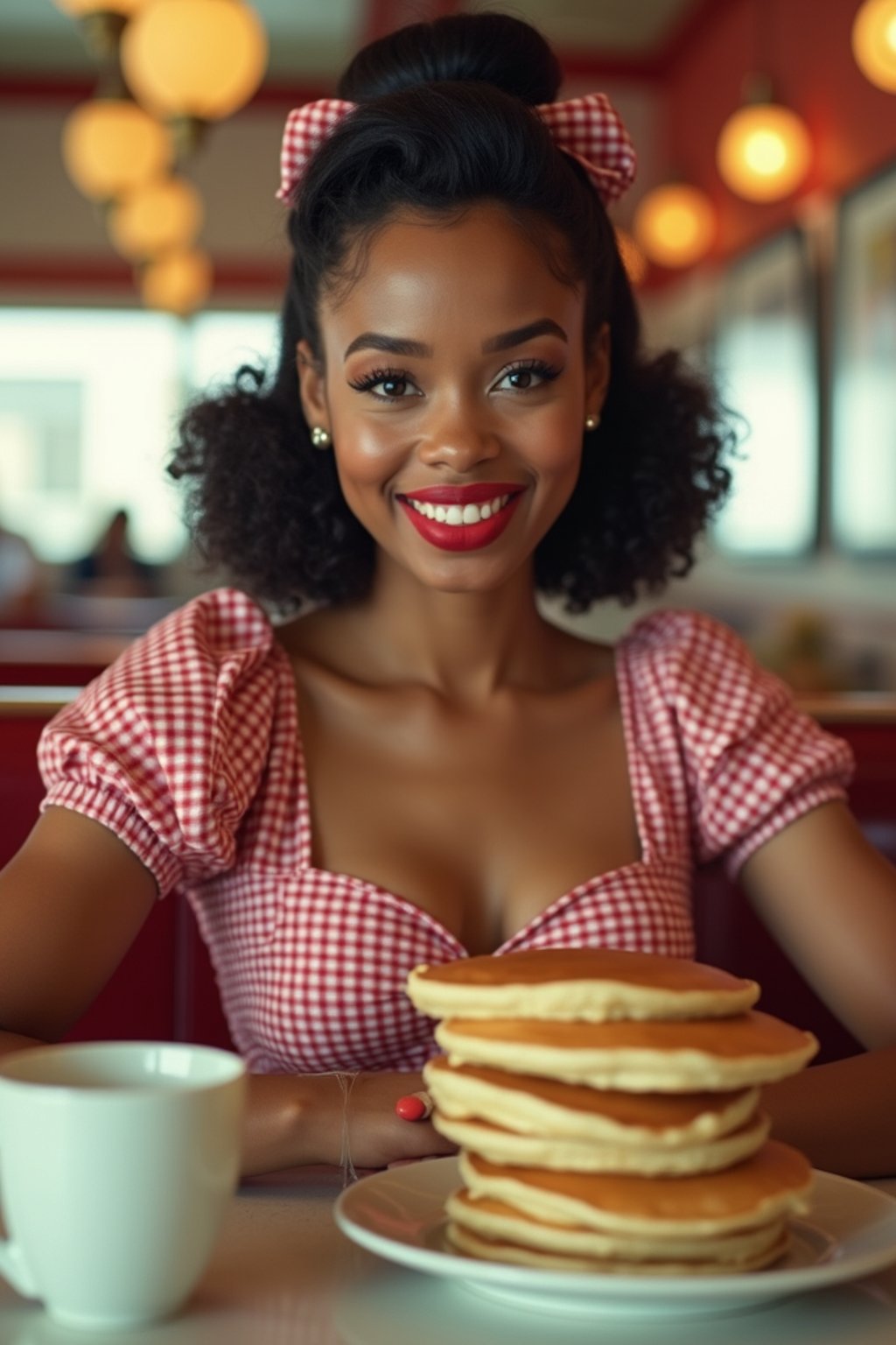 woman in retro 1950s diner photo shoot. stack of pancakes and one coffee mug in front.  woman wearing 1950s pin up dress and 1950s hair tie