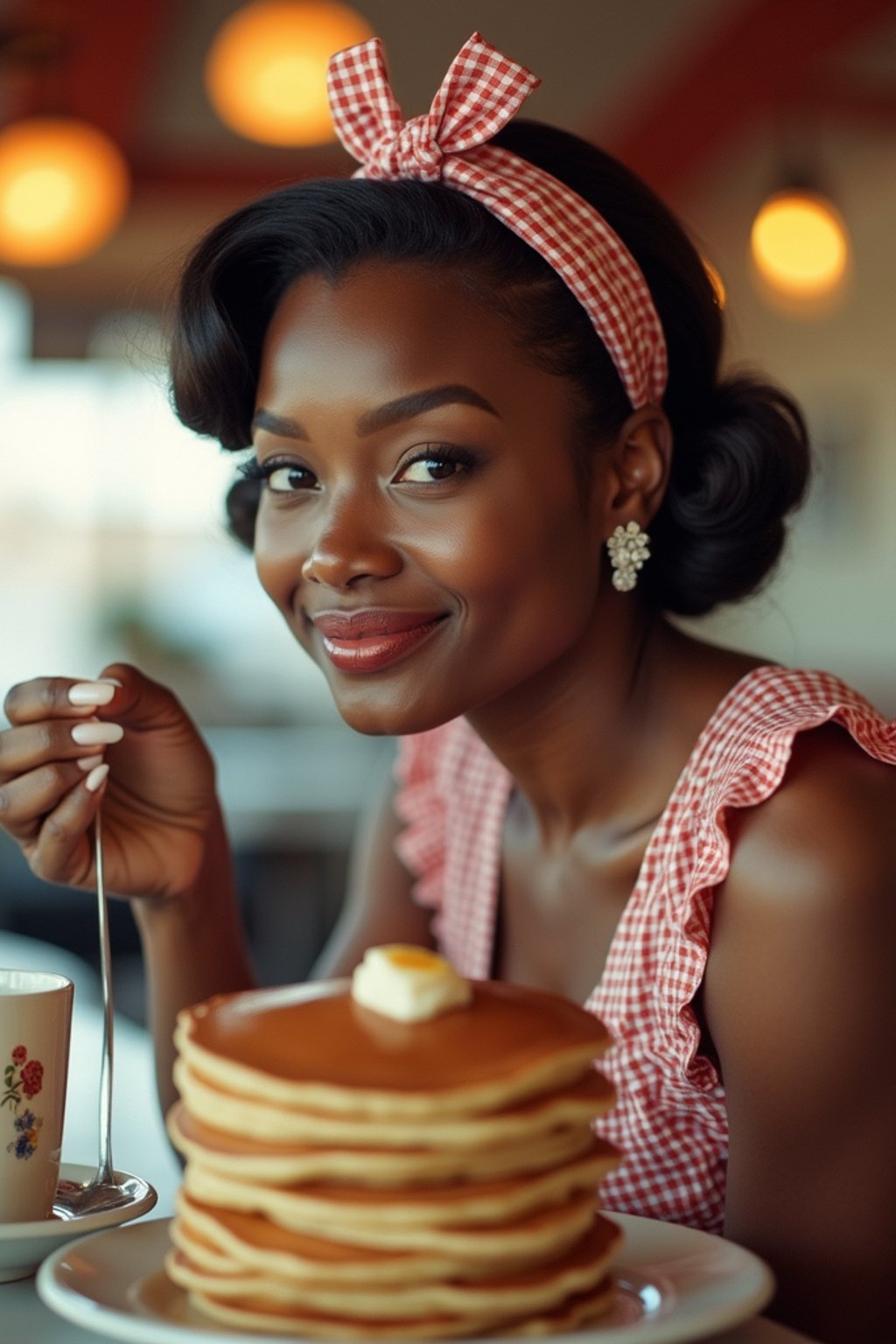 woman in retro 1950s diner photo shoot. stack of pancakes and one coffee mug in front.  woman wearing 1950s pin up dress and 1950s hair tie