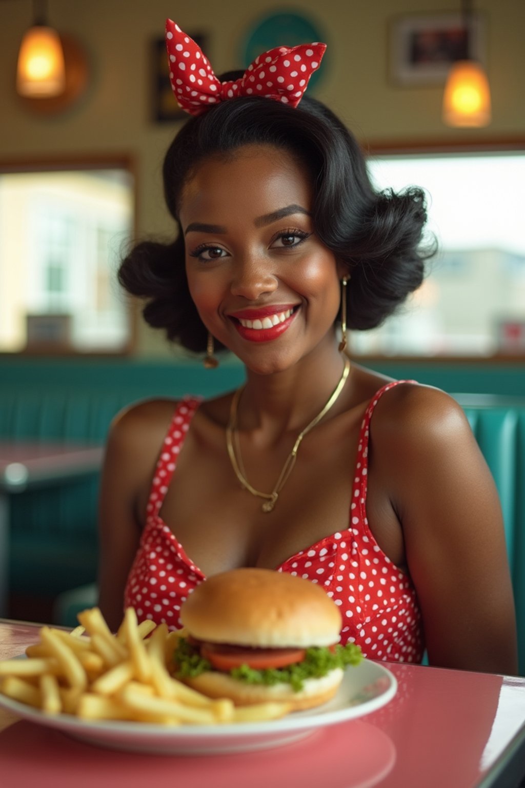 woman in retro 1950s diner photo shoot. french fries and one cheeseburger on a plate in front.  woman wearing 1950s pin up dress and 1950s hair tie