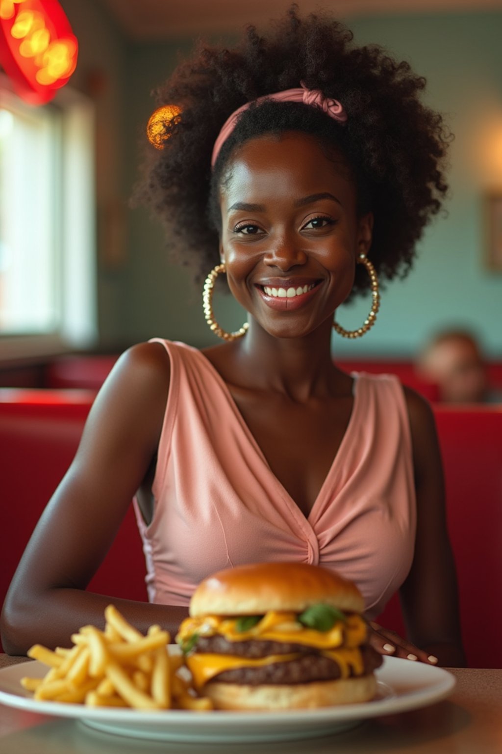 woman in retro 1950s diner photo shoot. french fries and one cheeseburger on a plate in front.  woman wearing 1950s pin up dress and 1950s hair tie