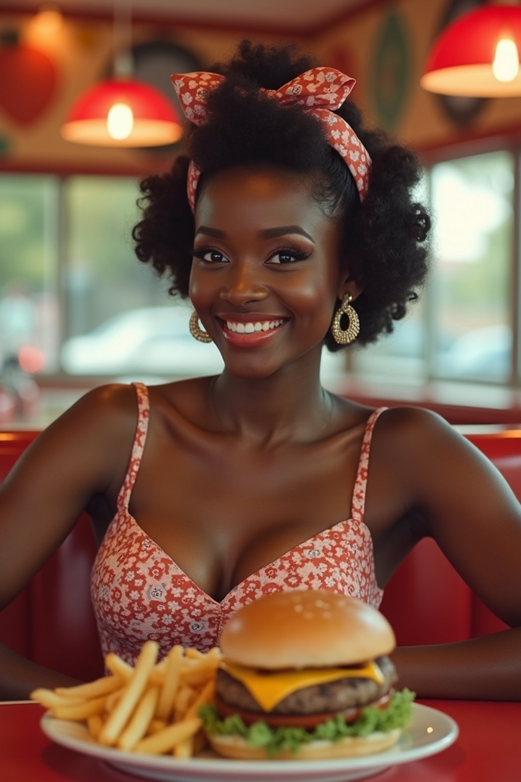 woman in retro 1950s diner photo shoot. french fries and one cheeseburger on a plate in front.  woman wearing 1950s pin up dress and 1950s hair tie