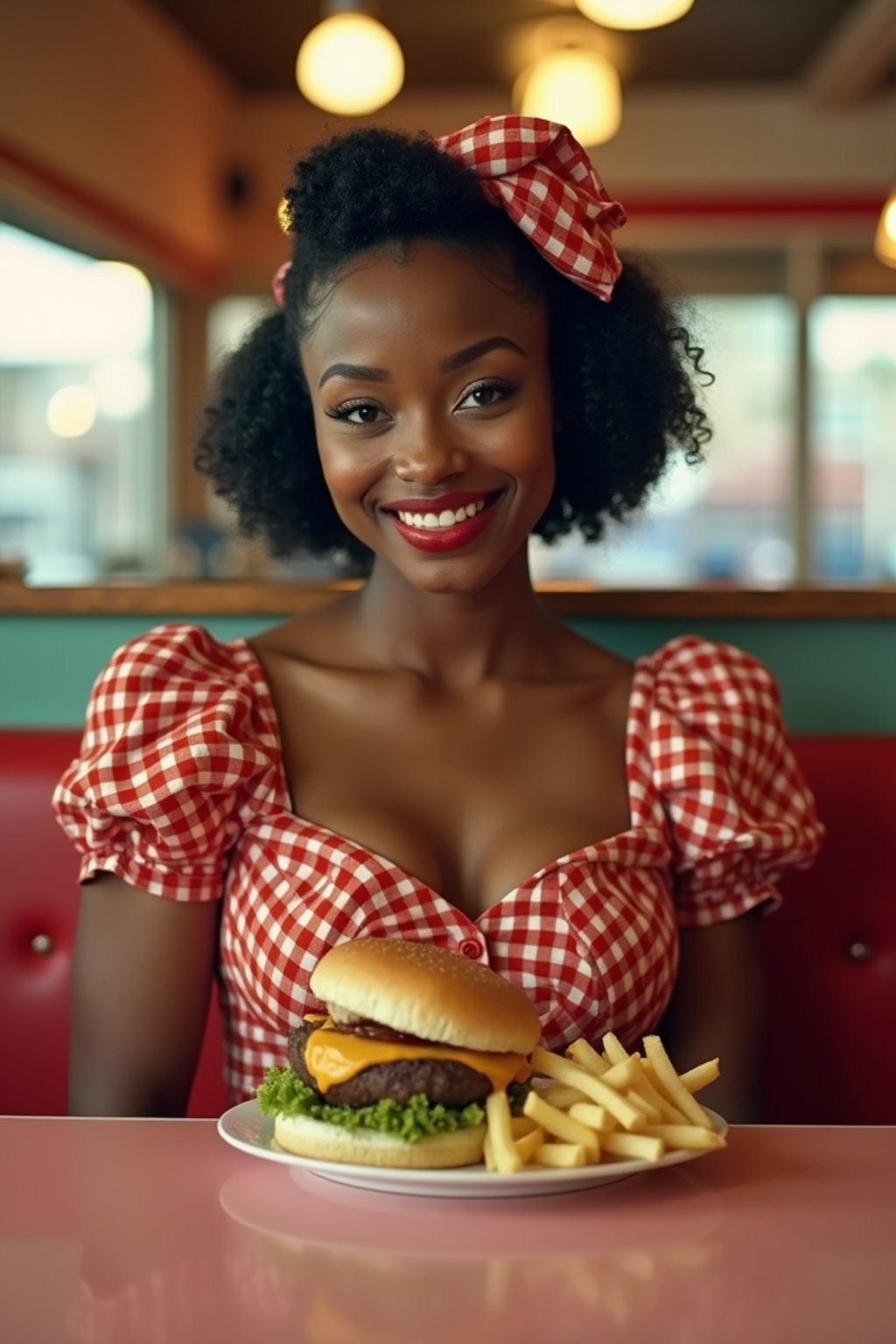 woman in retro 1950s diner photo shoot. french fries and one cheeseburger on a plate in front.  woman wearing 1950s pin up dress and 1950s hair tie