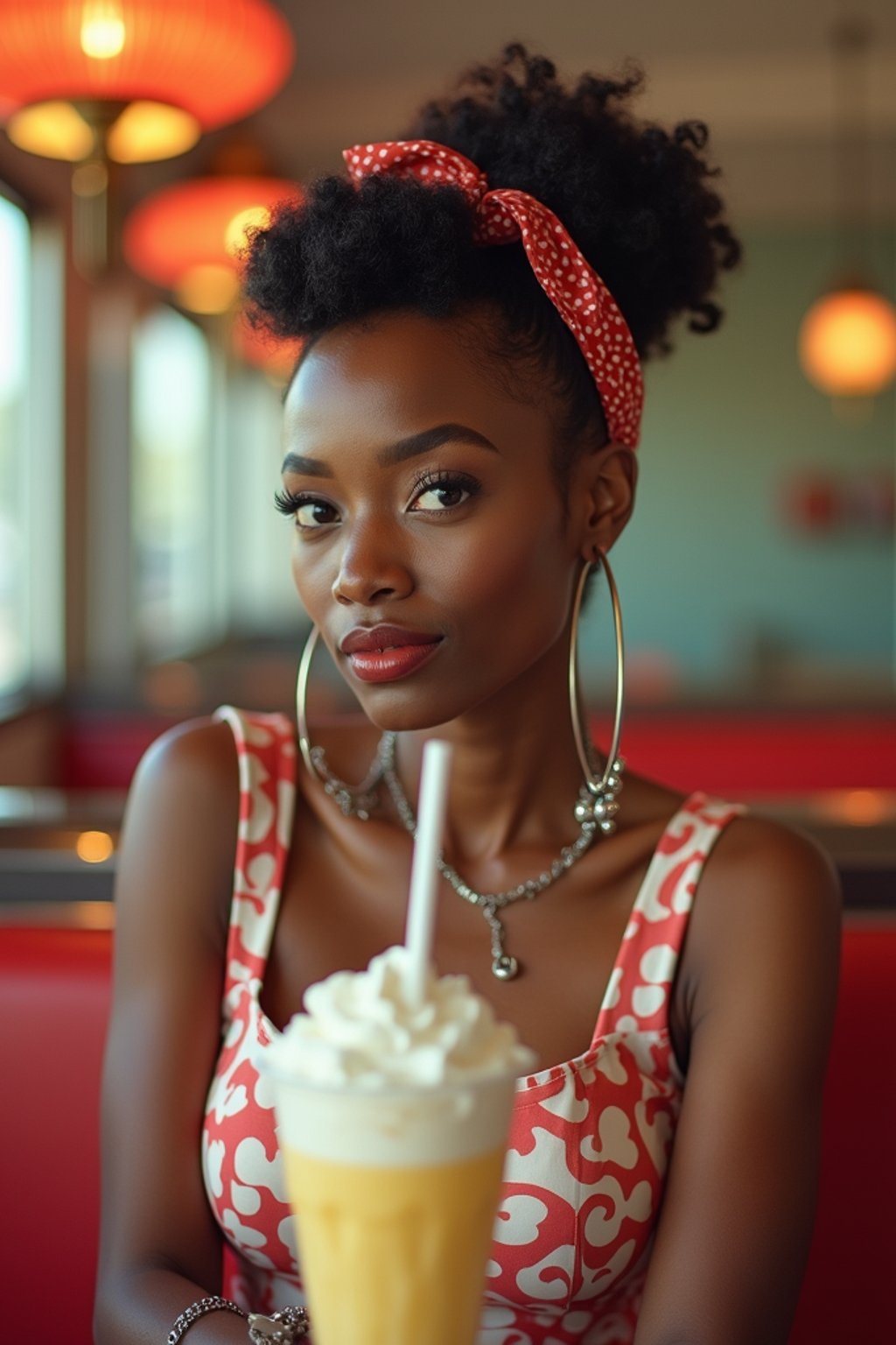 woman in retro 1950s diner photo shoot. one milkshake in front.  woman wearing 1950s pin up dress and 1950s hair tie