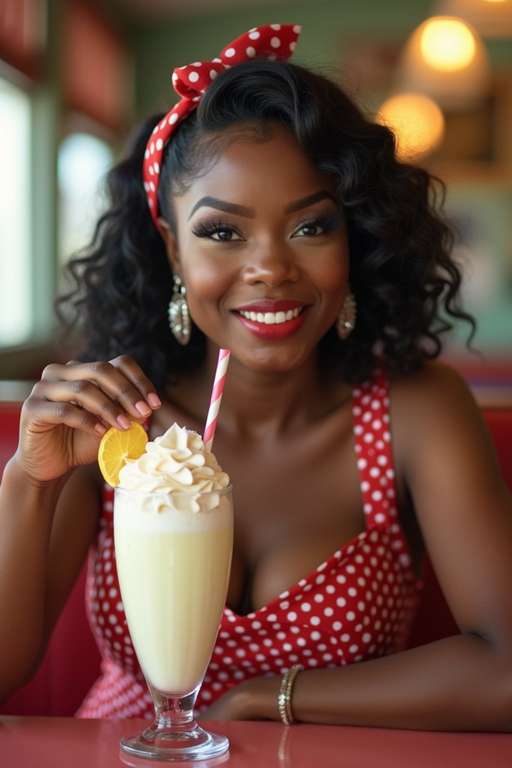 woman in retro 1950s diner photo shoot. one milkshake in front.  woman wearing 1950s pin up dress and 1950s hair tie