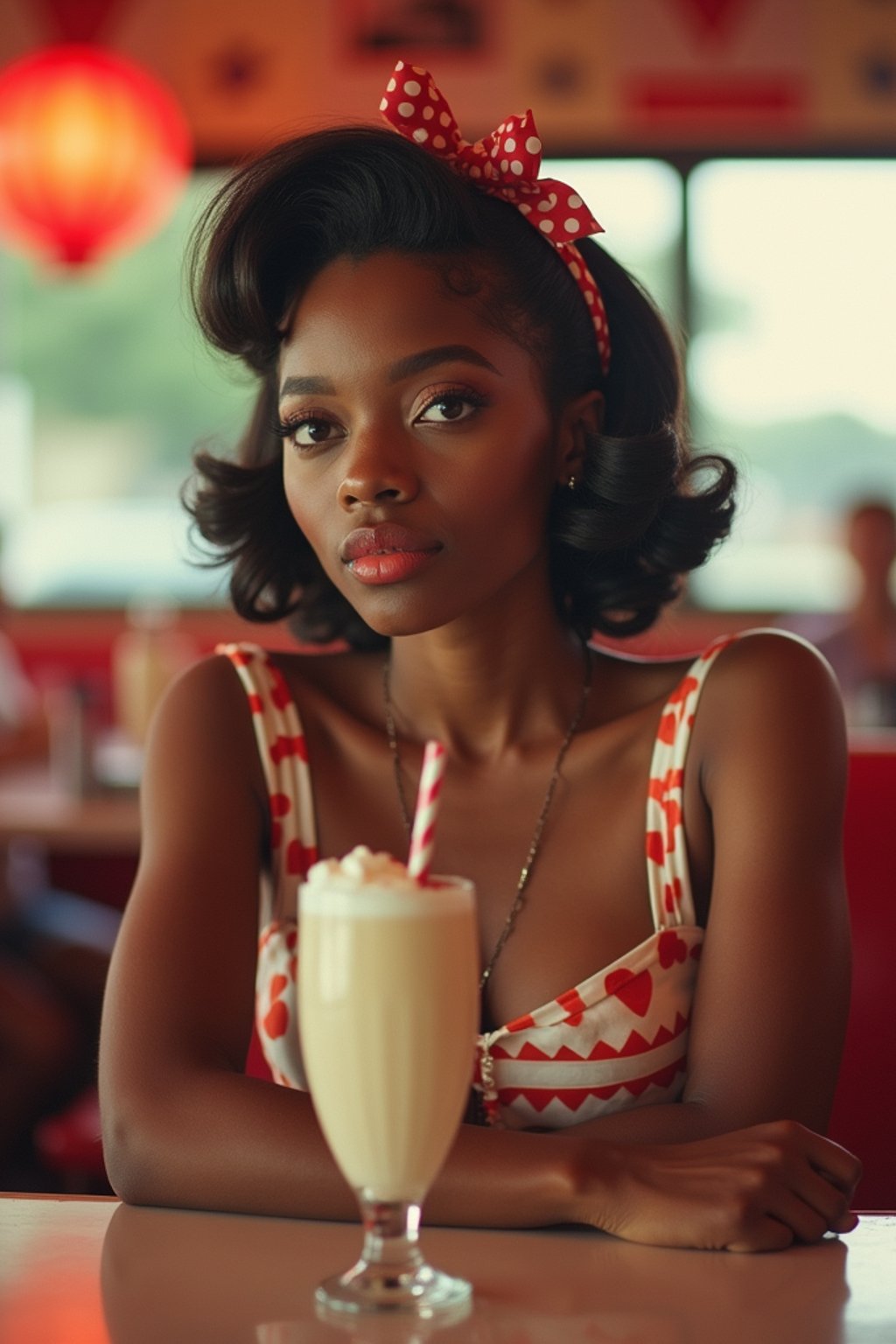 woman in retro 1950s diner photo shoot. one milkshake in front.  woman wearing 1950s pin up dress and 1950s hair tie