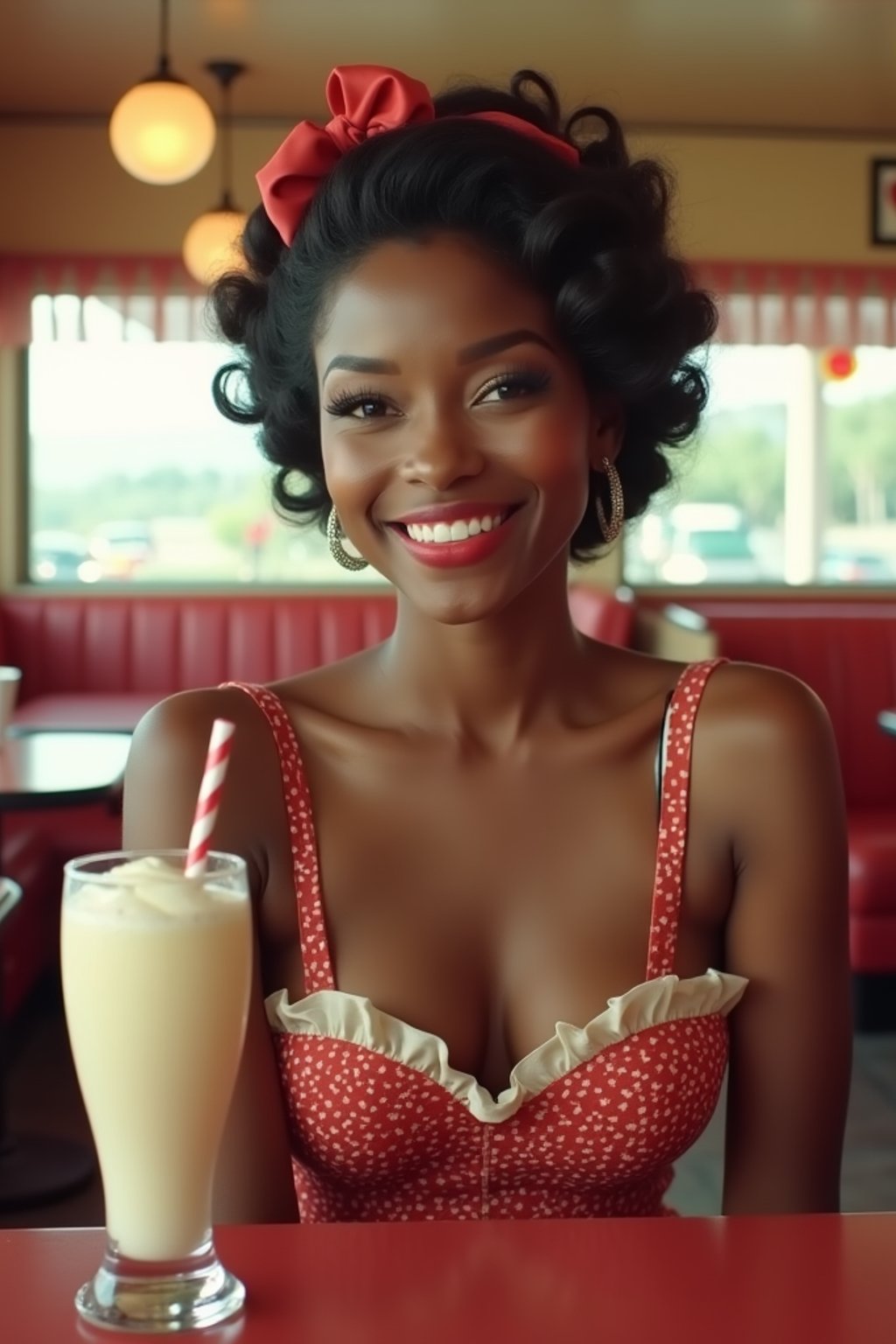 woman in retro 1950s diner photo shoot. one milkshake in front.  woman wearing 1950s pin up dress and 1950s hair tie