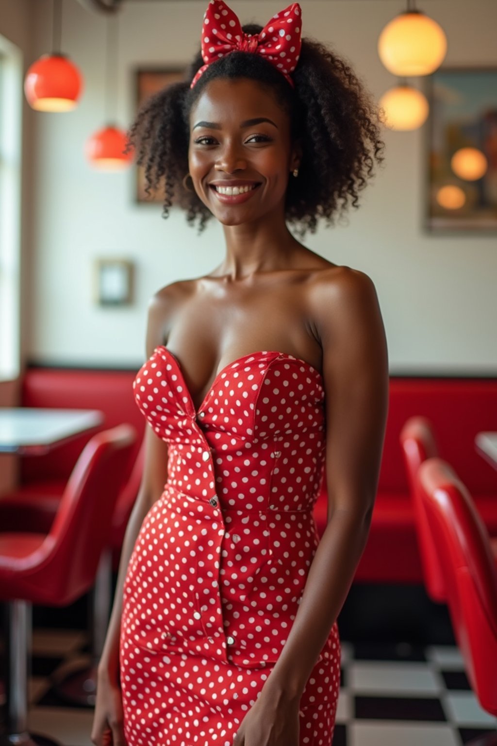 woman in retro 1950s diner photo shoot. posing in front of red 1950s barstools.  woman wearing 1950s pin up dress and 1950s red hair tie. white interior with red seats and black and white flooring.