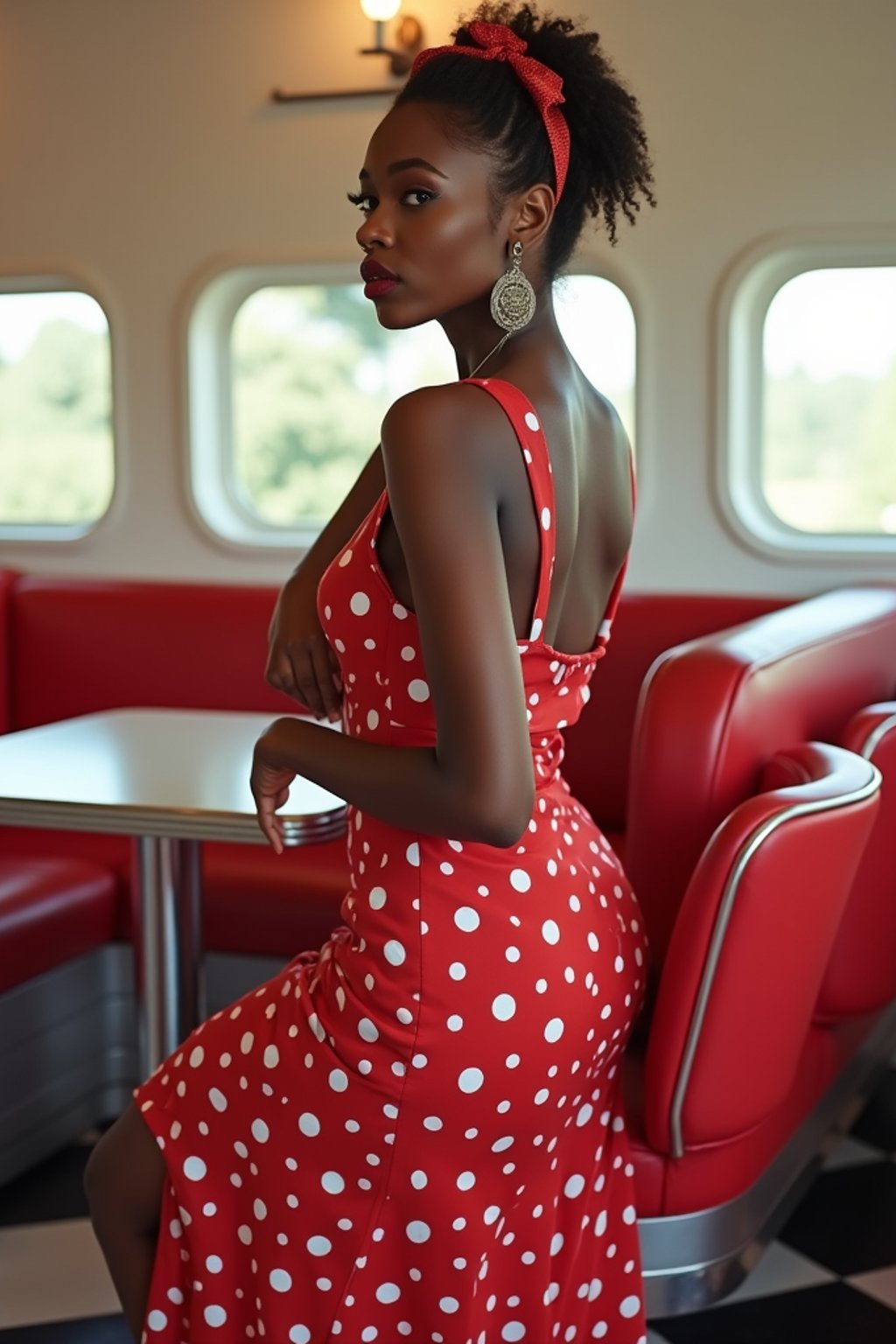 woman in retro 1950s diner photo shoot. posing in front of red 1950s barstools.  woman wearing 1950s pin up dress and 1950s red hair tie. white interior with red seats and black and white flooring.