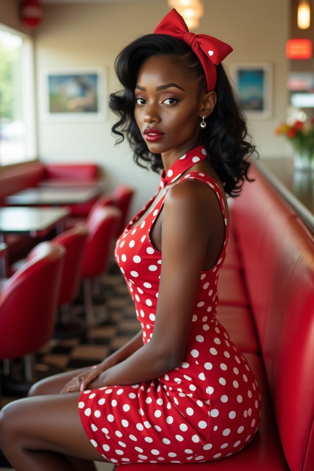 woman in retro 1950s diner photo shoot. posing in front of red 1950s barstools.  woman wearing 1950s pin up dress and 1950s red hair tie. white interior with red seats and black and white flooring.