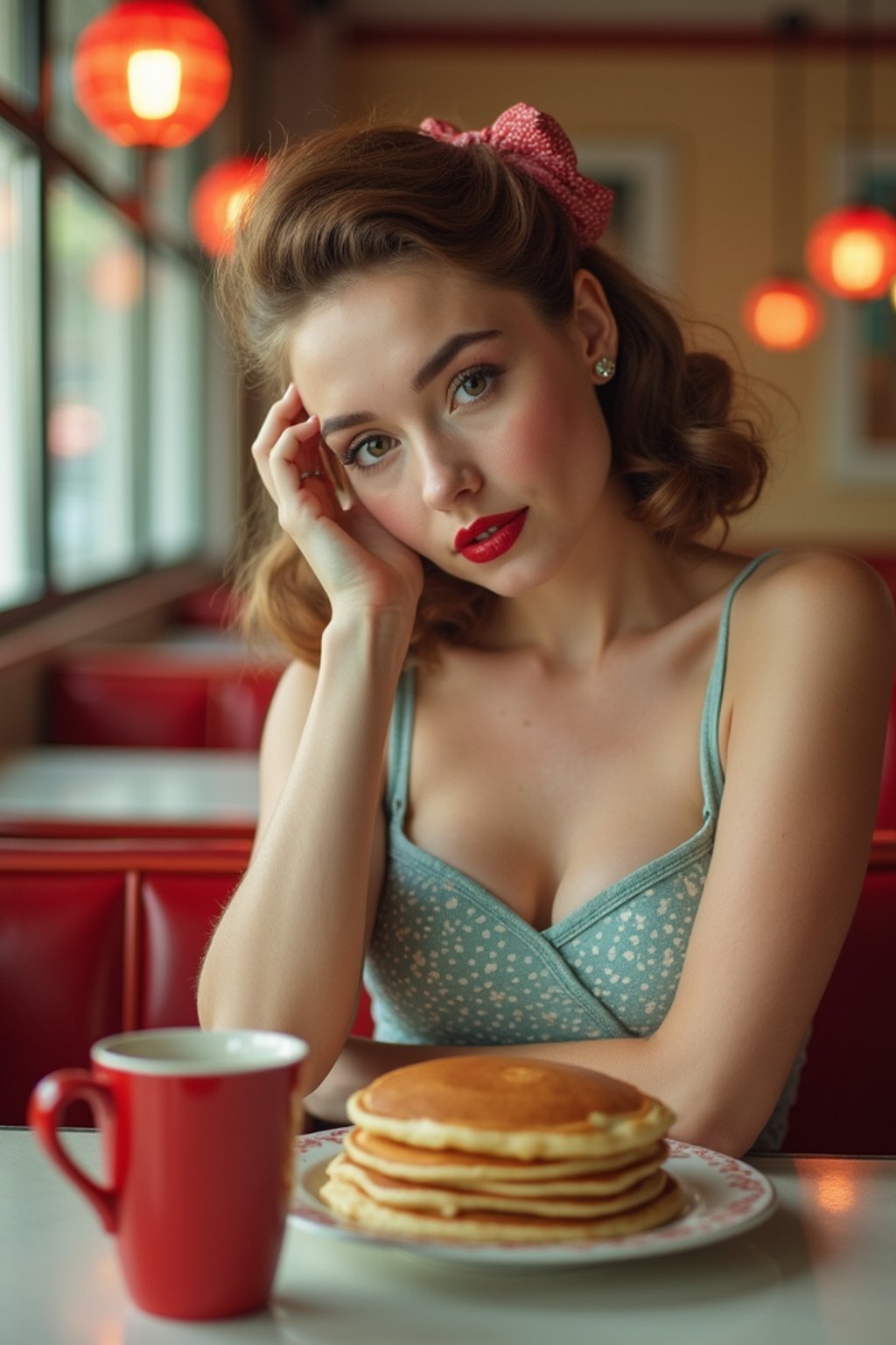 woman in retro 1950s diner photo shoot. stack of pancakes and one coffee mug in front.  woman wearing 1950s pin up dress and 1950s hair tie