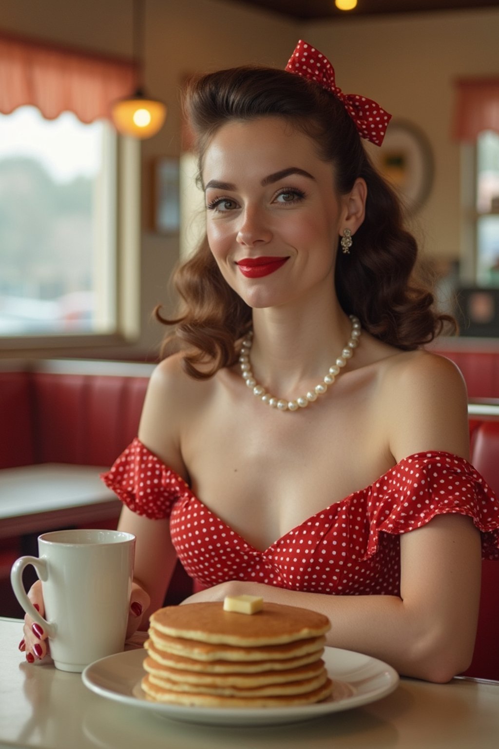 woman in retro 1950s diner photo shoot. stack of pancakes and one coffee mug in front.  woman wearing 1950s pin up dress and 1950s hair tie