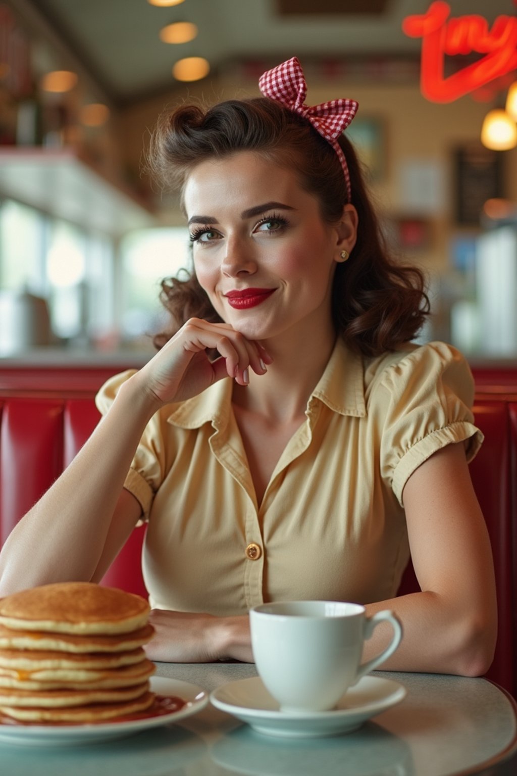 woman in retro 1950s diner photo shoot. stack of pancakes and one coffee mug in front.  woman wearing 1950s pin up dress and 1950s hair tie