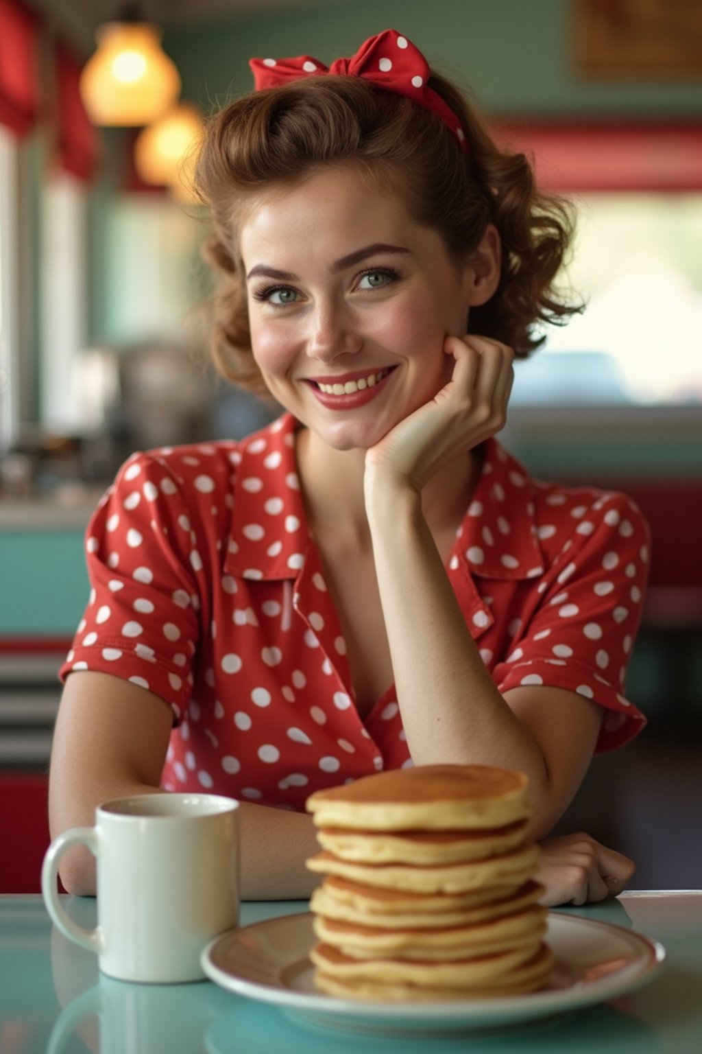 woman in retro 1950s diner photo shoot. stack of pancakes and one coffee mug in front.  woman wearing 1950s pin up dress and 1950s hair tie