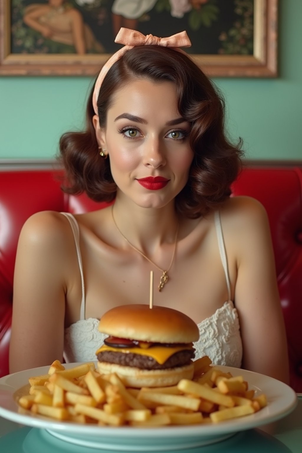 woman in retro 1950s diner photo shoot. french fries and one cheeseburger on a plate in front.  woman wearing 1950s pin up dress and 1950s hair tie